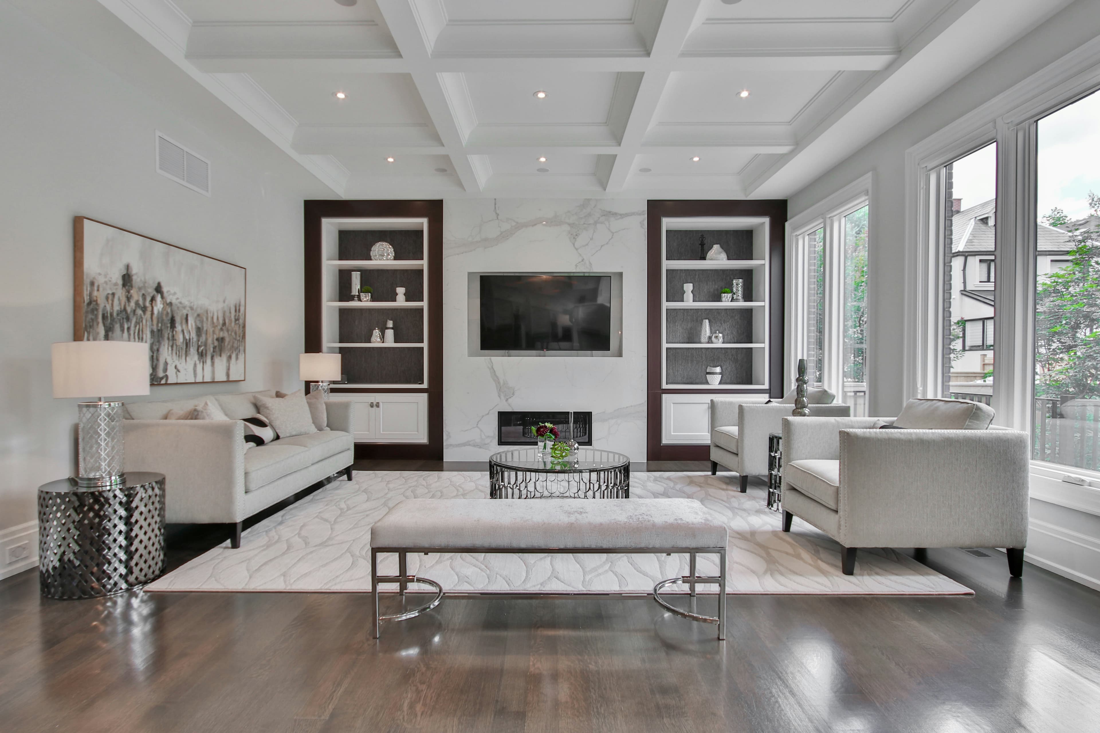 Living room interior with a marble fireplace