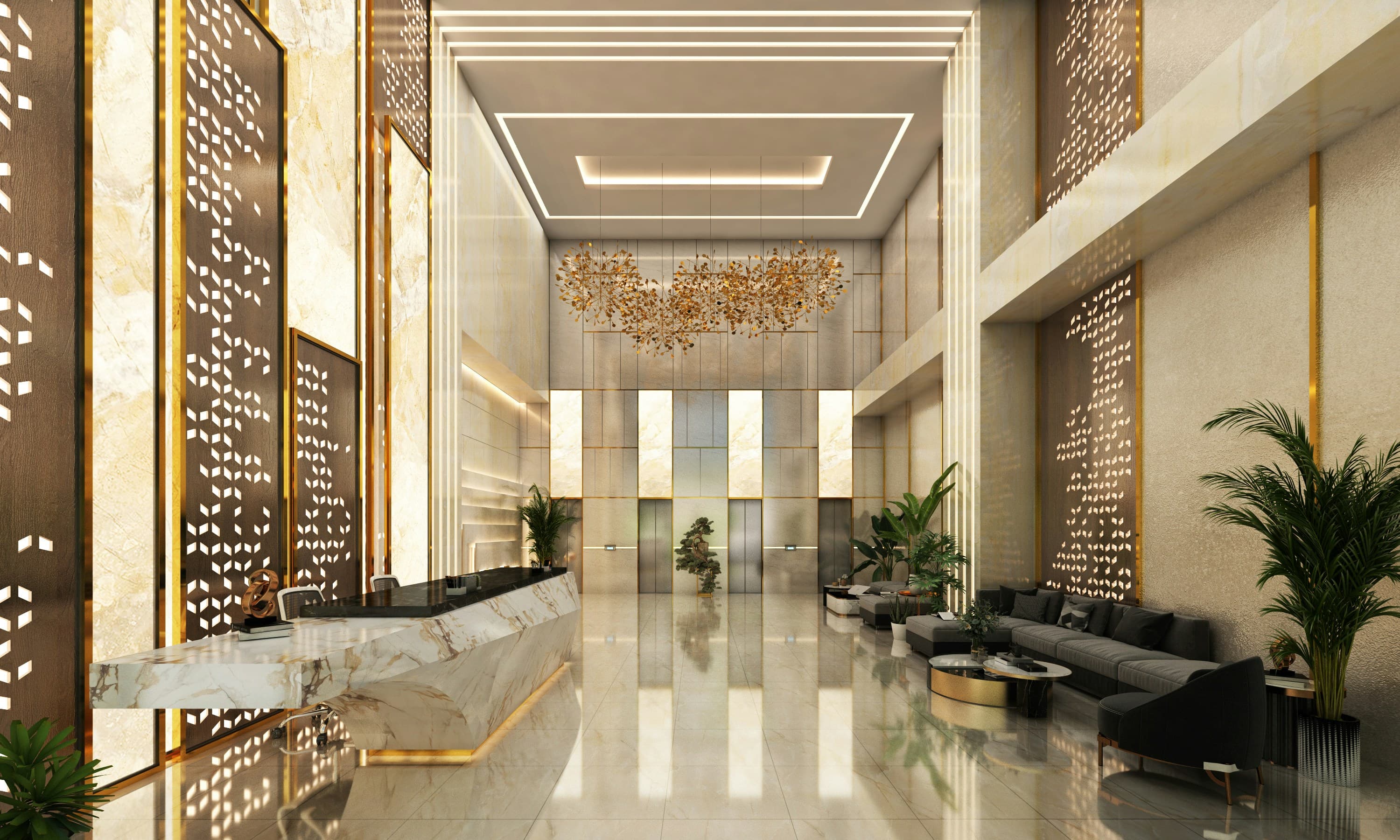 Modern hotel lobby with a sleek marble reception desk